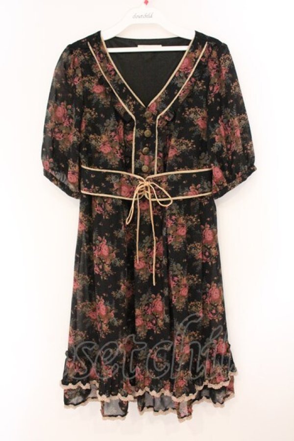 画像1: axes femme / 薔薇ブーケプリントウエストベルトデザインワンピース M クロ O-26-04-09-079-AX-OP-IG-OS (1)