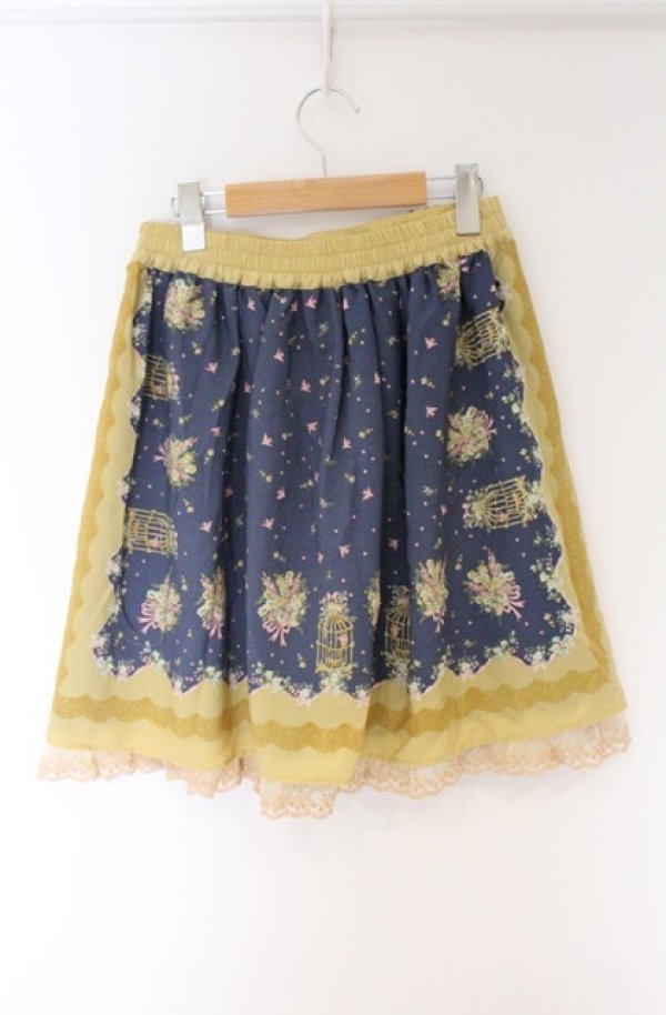 画像2: axes femme / 鳥かご×メルヘン柄スカート  ネイビー×イエロー O-26-04-10-040-AX-SK-IG-OS (2)