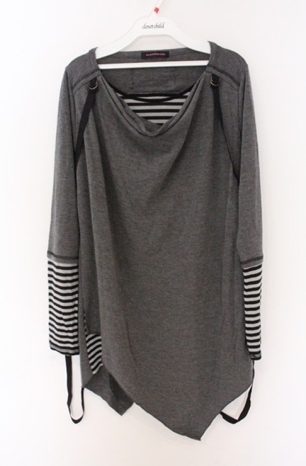 画像1: ALGONQUINS / ボーダーレイヤードアシンメトリーカットソー F グレーｘブラックｘホワイト O-26-04-10-002-AL-TO-YM-OS (1)