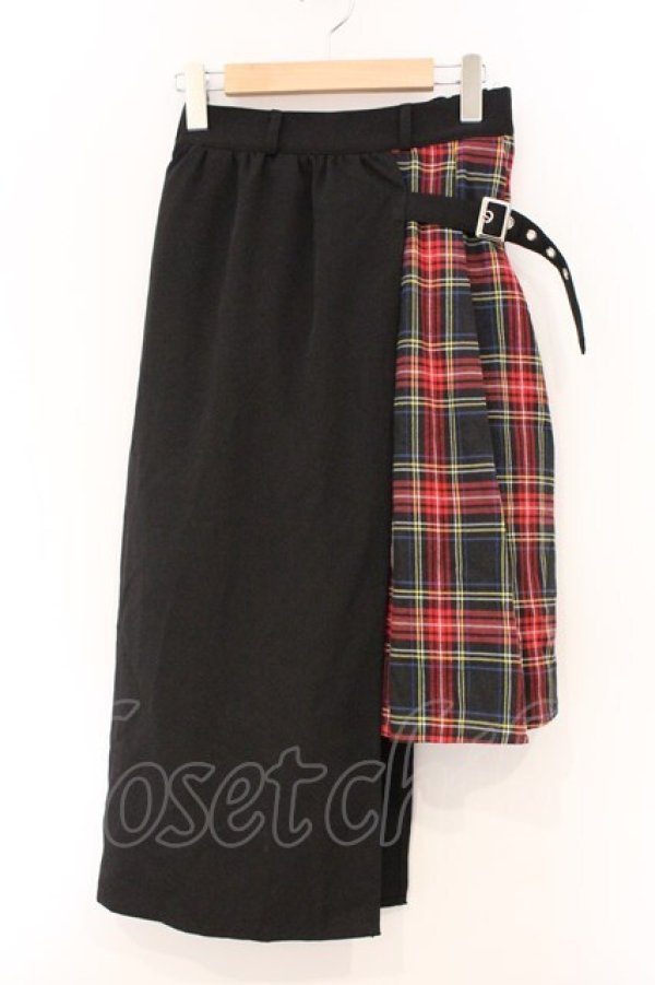 画像1: LISTEN FLAVOR / ベルト付きレイヤード風 アシメプリーツマキシスカート  ブラック×チェック O-26-04-11-031-PU-SK-IG-OS (1)