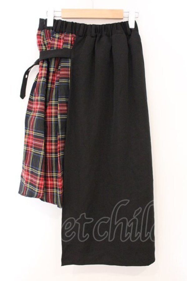 画像3: LISTEN FLAVOR / ベルト付きレイヤード風 アシメプリーツマキシスカート  ブラック×チェック O-26-04-11-031-PU-SK-IG-OS (3)