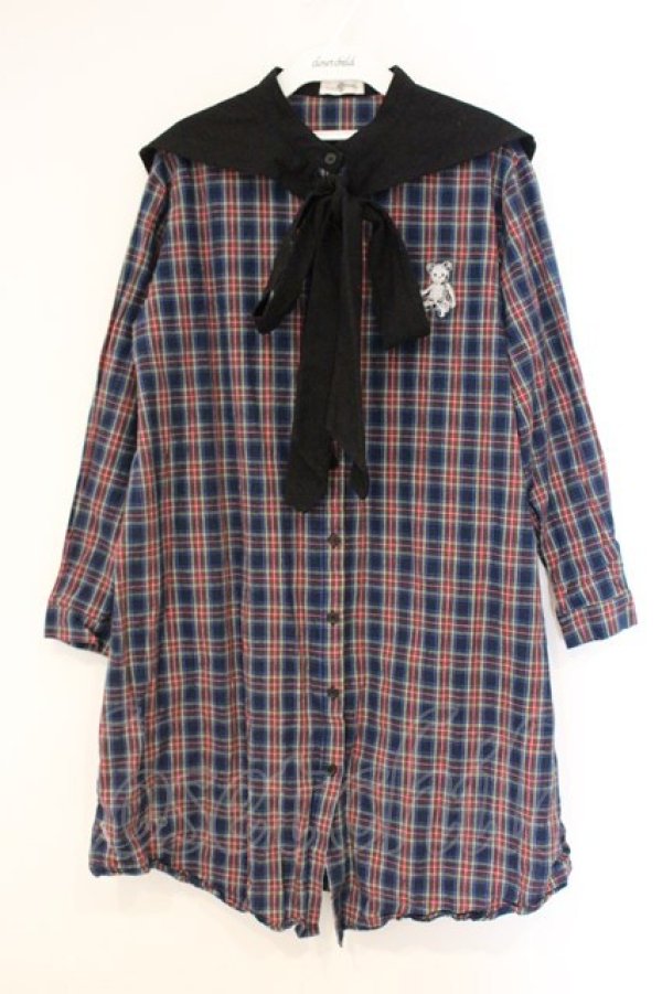 画像1: Drug Honey / スケルトンテディ刺繍セーラーワンピース  ブルーチェック×クロ O-26-04-11-018-PU-OP-IG-OS (1)