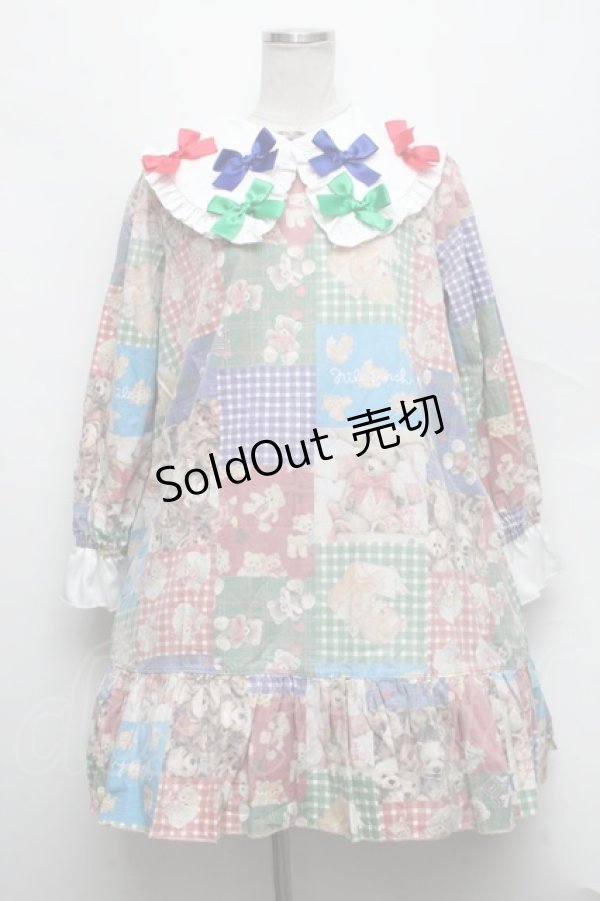 画像1: Nile Perch / くまパッチワーク三角襟ワンピース  マルチ S-24-09-28-035-LO-OP-AS-ZS (1)