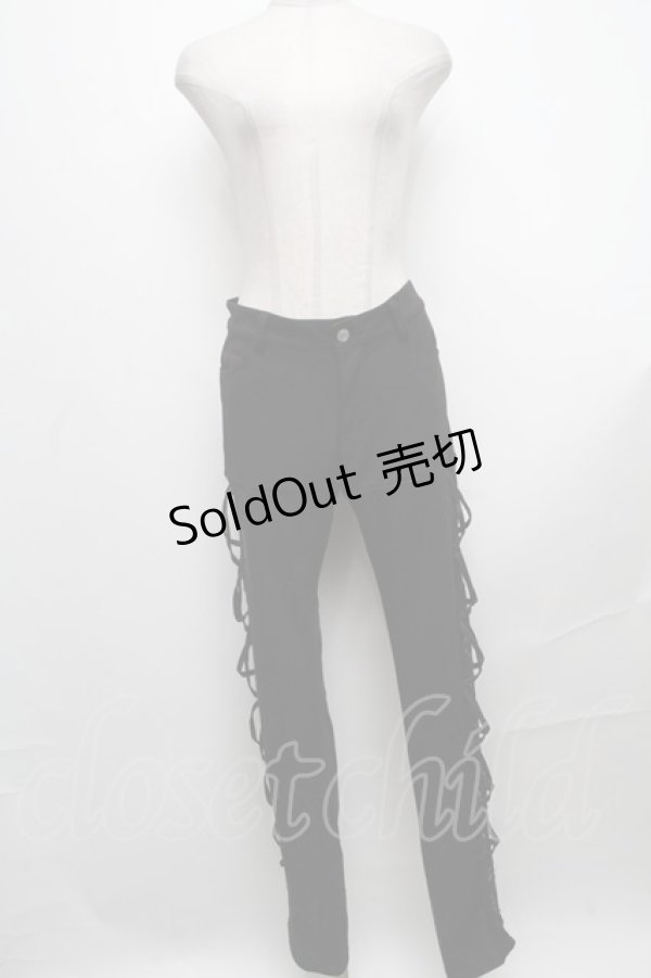 画像1: NAOTO SEVEN / サイド編み上げプリントパンツ  黒 S-24-12-24-083-HN-PA-HR-ZT149 (1)
