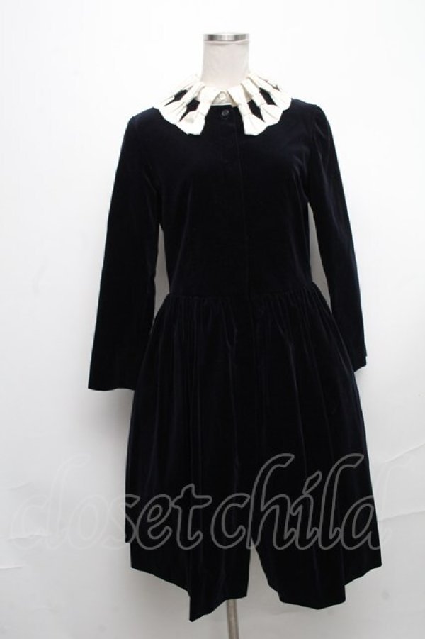 画像1: Jane Marple / リボン襟別珍ワンピース  ネイビー S-24-12-24-044-JM-OP-HR-ZT383 (1)