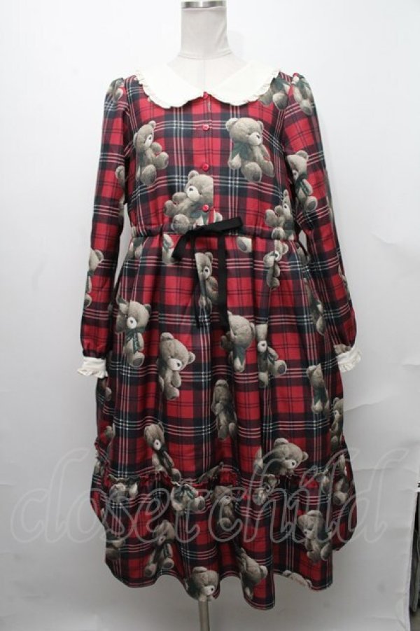 画像1: Emily Temple cute / Teddy Bear Tartanワンピース  赤 S-24-12-29-052-ET-OP-HR-ZT066 (1)