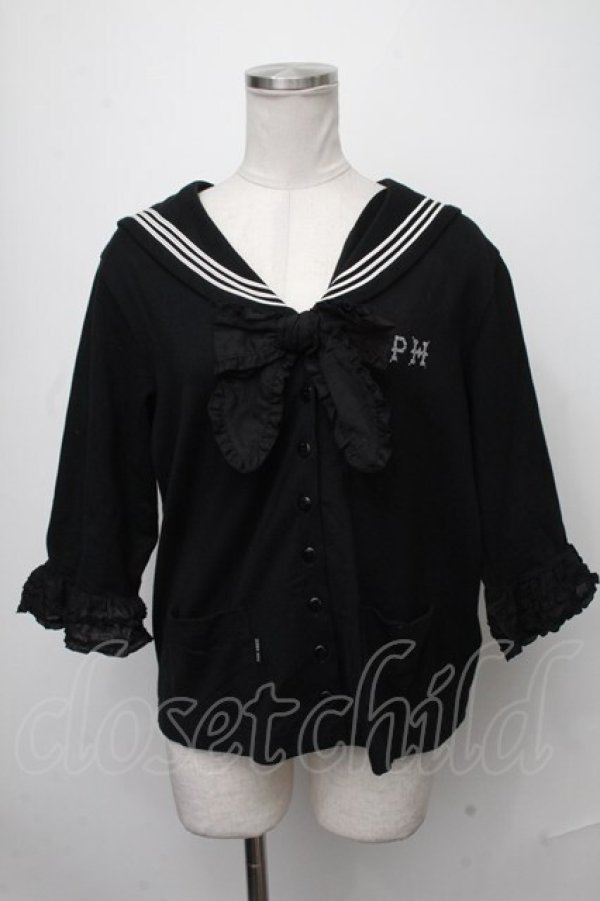 画像1: PINK HOUSE / リボンブローチ付きセーラーカラーカーディガン  黒 S-25-01-11-020-LO-BL-HR-ZT350 (1)