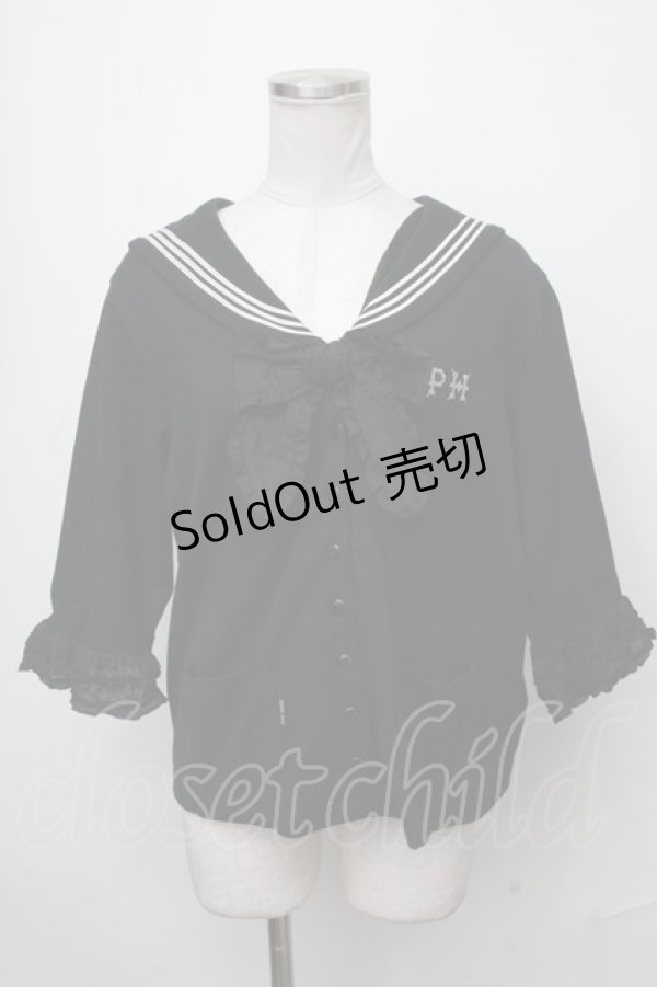 画像1: PINK HOUSE / リボンブローチ付きセーラーカラーカーディガン  黒 S-25-01-11-020-LO-BL-HR-ZT350 (1)