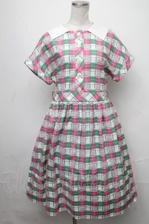 画像: Jane Marple / Graffiti checkのワーキングドレス  オフホワイト×ピンク×グリーン S-25-01-25-055-JM-OP-HR-ZT359
