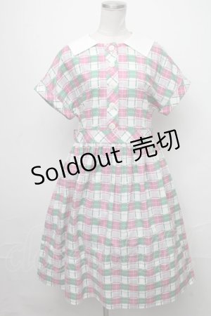 画像: Jane Marple / Graffiti checkのワーキングドレス  オフホワイト×ピンク×グリーン S-25-01-25-055-JM-OP-HR-ZT359