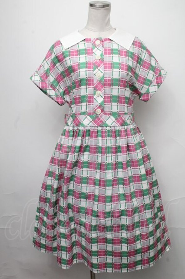 画像1: Jane Marple / Graffiti checkのワーキングドレス  オフホワイト×ピンク×グリーン S-25-01-25-055-JM-OP-HR-ZT359 (1)