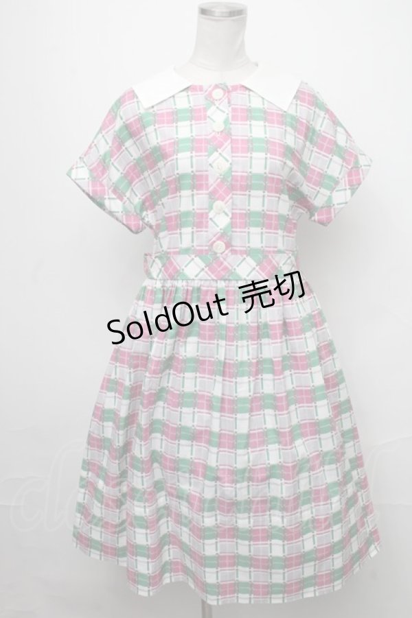画像1: Jane Marple / Graffiti checkのワーキングドレス  オフホワイト×ピンク×グリーン S-25-01-25-055-JM-OP-HR-ZT359 (1)