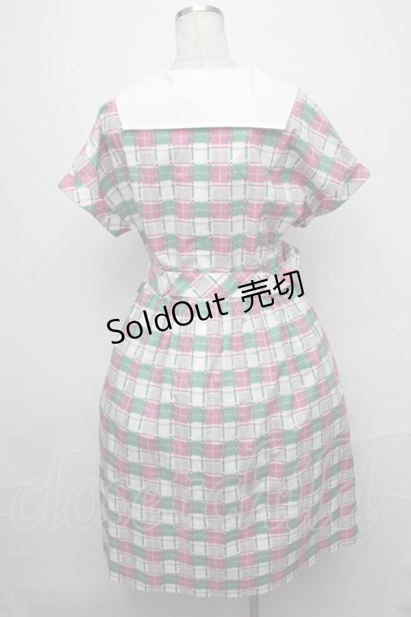 画像2: Jane Marple / Graffiti checkのワーキングドレス  オフホワイト×ピンク×グリーン S-25-01-25-055-JM-OP-HR-ZT359 (2)