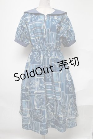 画像: axes femme / フレンチマリン柄セーラーワンピース  ブルー S-25-02-04-049-AX-OP-AS-ZI