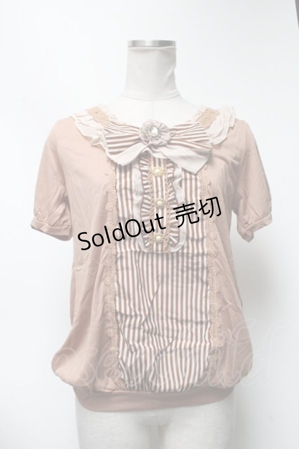 画像1: axes femme / ストライプシフォンリボンTシャツ  ベージュ S-25-03-13-038-AX-TO-HR-ZS (1)