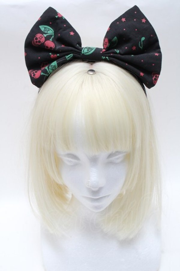 画像2: HELL CAT PUNKS / さくらんぼ柄リボンカチューシャ  黒 S-25-03-20-012-PU-AC-HR-ZT168 (2)