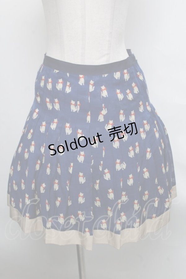 画像1: 【SALE】Jane Marple Dans Le Salon / ネコ柄プリーツスカート  紺 S-25-03-28-078-JM-SK-AS-ZT408 (1)