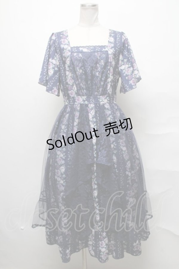 画像1: axes femme / 薔薇柄ラッフルチュールワンピース  紺 S-25-03-31-042-AX-OP-HR-ZS (1)
