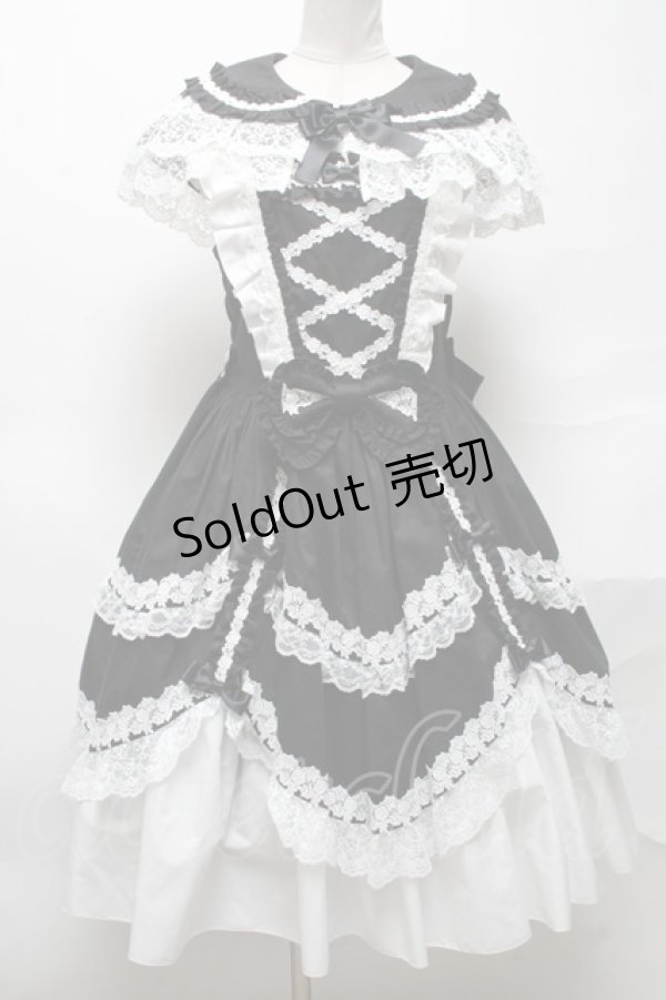画像1: metamorphose / フローレンスケープ付きジャンパースカート  黒ｘ白 S-25-04-05-063-ME-OP-HR-ZS (1)