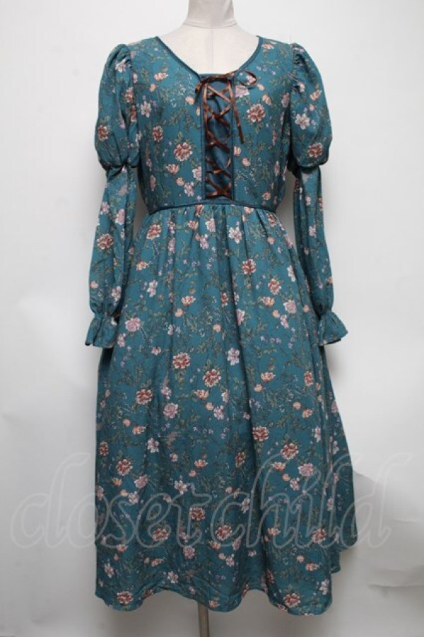 画像1: axes femme Nostalgic / ボタニカル柄レースアップワンピース  グリーン S-25-04-12-061-LO-OP-HR-ZS (1)