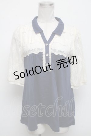 画像: axes femme / 胸元レース使い襟付プルオーバー  紺 S-25-04-14-040-AX-TO-AS-ZS