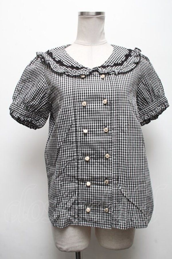 画像1: axes femme POETIQUE / ダブル釦セーラーブラウス  黒ｘ白 S-25-04-28-022-AX-BL-HR-ZS (1)
