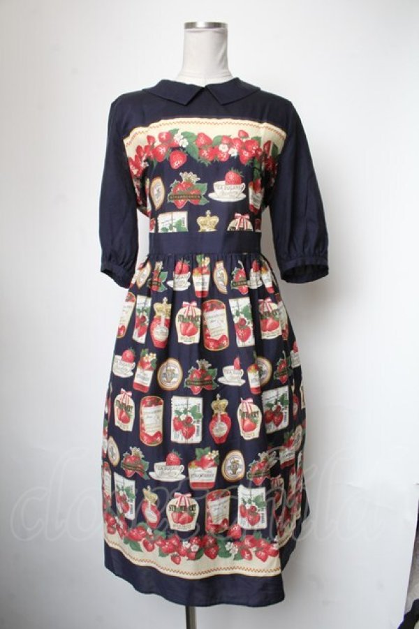 画像1: Jane Marple / Strawberry label scarfのタブリエドレス  ネイビー S-25-05-01-026-JM-OP-HR-ZS (1)
