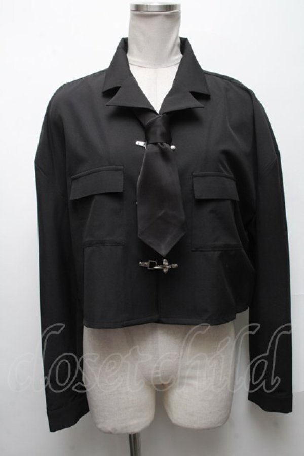 画像1: Jamieエーエヌケー / ネクタイ付きチェックショートシャツ  黒 S-25-05-03-016-LO-BL-AS-ZS (1)