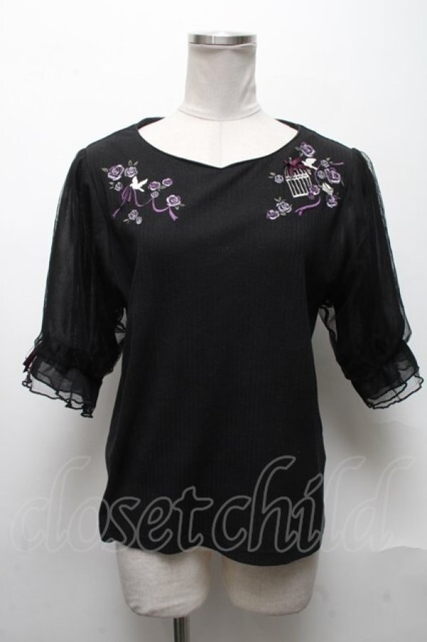 画像1: axes femme / 鳥×バラ刺繍リブPO  黒 S-25-05-03-017-AX-TO-AS-ZS (1)