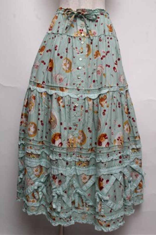 画像1: PINK HOUSE / ピンクハウスパーラープリントパッチワークスカート  ミント S-25-05-20-1036-LO-SK-HR-ZT489 (1)