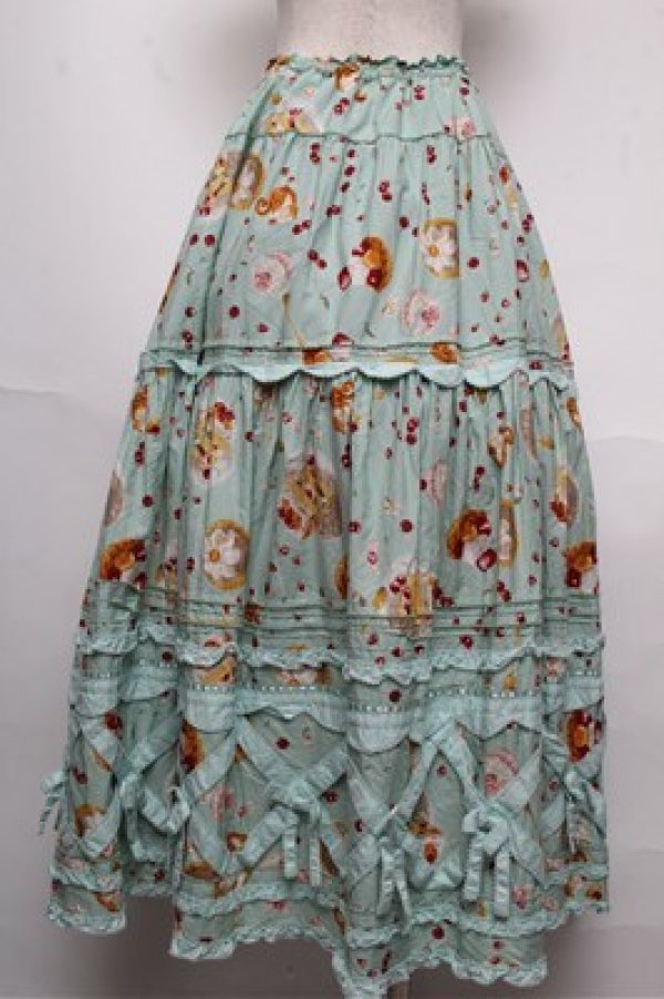 画像2: PINK HOUSE / ピンクハウスパーラープリントパッチワークスカート  ミント S-25-05-20-1036-LO-SK-HR-ZT489 (2)