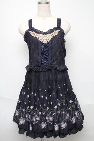 画像: axes femme / 壁紙花パネル消しプリーツワンピース  紺 S-25-05-23-040-AX-OP-AS-ZS