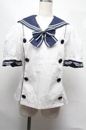 画像: metamorphose / セーラーダブル釦ブラウス 白ｘ紺 S-25-06-04-012-ME-BL-AS-ZS