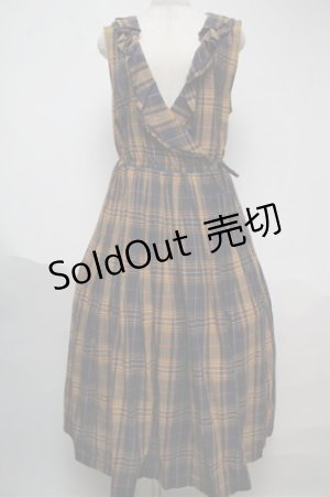 画像: Jane Marple Dans Le Salon / マドラスチェックカシュクールドレス  紺ｘイエロー S-25-06-04-036-JM-OP-AS-ZS