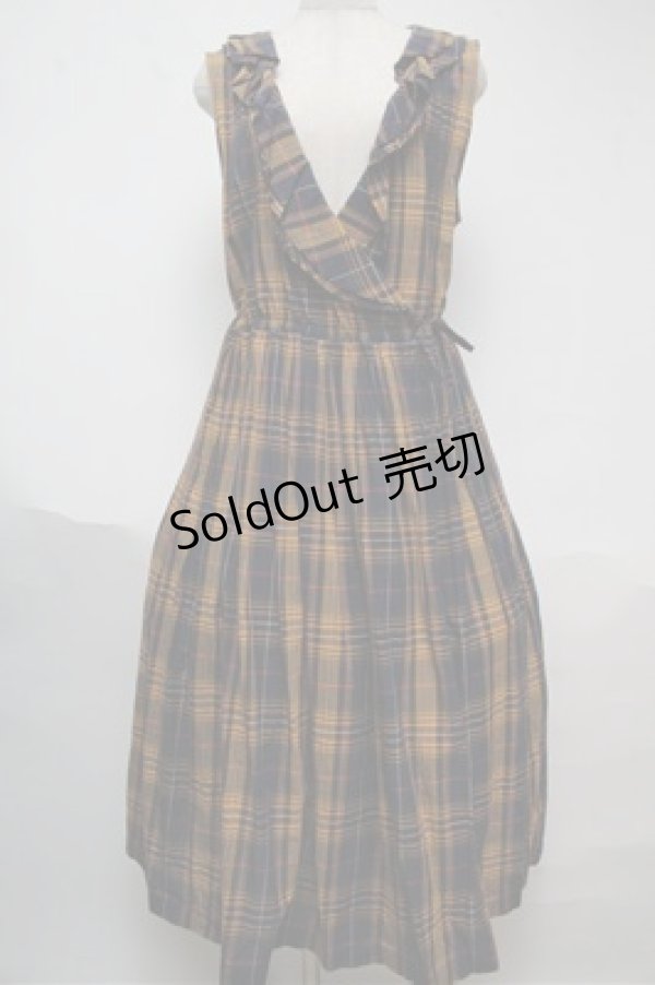 画像1: Jane Marple Dans Le Salon / マドラスチェックカシュクールドレス  紺ｘイエロー S-25-06-04-036-JM-OP-AS-ZS (1)