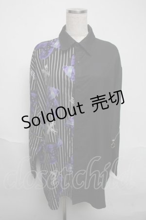 画像: Amilige / 羽プリントZIPバイカラーシャツ  黒ｘ紫 S-25-06-05-027-PU-TS-HR-ZS