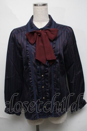 画像: axes femme / リボンタイ付きレジメンブラウス  紺ｘワイン S-25-06-06-033-AX-TO-HR-ZS
