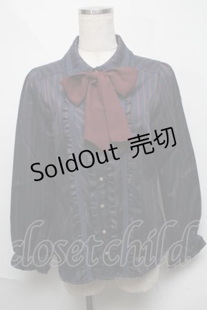 画像: axes femme / リボンタイ付きレジメンブラウス  紺ｘワイン S-25-06-06-033-AX-TO-HR-ZS