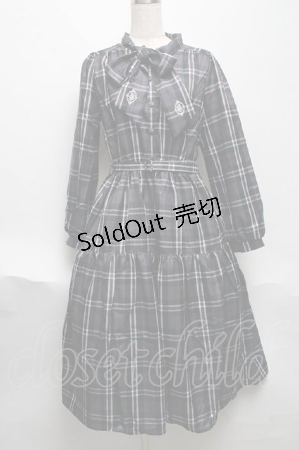 画像1: axes femme / バラ刺繍ボウタイチェックワンピース  グレー S-25-06-11-052-AX-OP-AS-ZI (1)