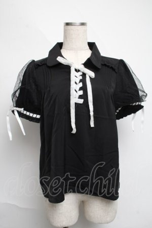 画像: axes femme POETIQUE / ベルベットリボン半袖ブラウス  黒 S-25-06-11-036-AX-BL-AS-ZS