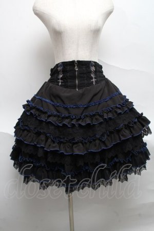画像: OZZ ANGELO / 薔薇刺繍配色フリルスカート  黒ｘ青 S-25-06-21-052-OO-SK-AS-ZS