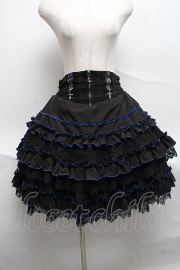 画像1: OZZ ANGELO / 薔薇刺繍配色フリルスカート  黒ｘ青 S-25-06-21-052-OO-SK-AS-ZS (1)