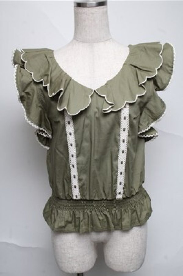 画像1: LIZ LISA / スカラップ襟ノースリーブブラウス 0 カーキ S-25-06-27-017-LO-TO-SZ-ZT069 (1)