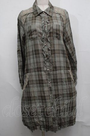 画像: axes femme / レース切替チェックシャツワンピース  グリーン S-25-07-17-049-AX-PA-HR-ZS