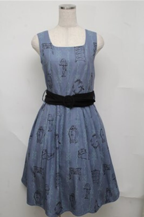 画像1: Fi.n.t / ベルト付きクローゼット柄ワンピース  ブルー S-25-07-20-055-CA-OP-HR-ZT261 (1)