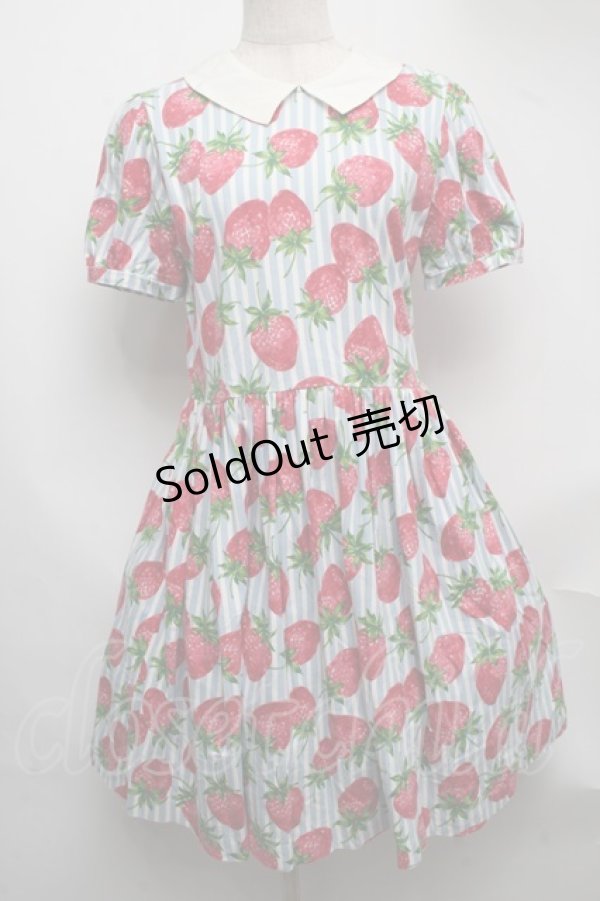 画像1: Jane Marple / ストロベリーmeetsストライプワンピース - サックス S-25-07-22-051-JM-OP-ET-ZS (1)