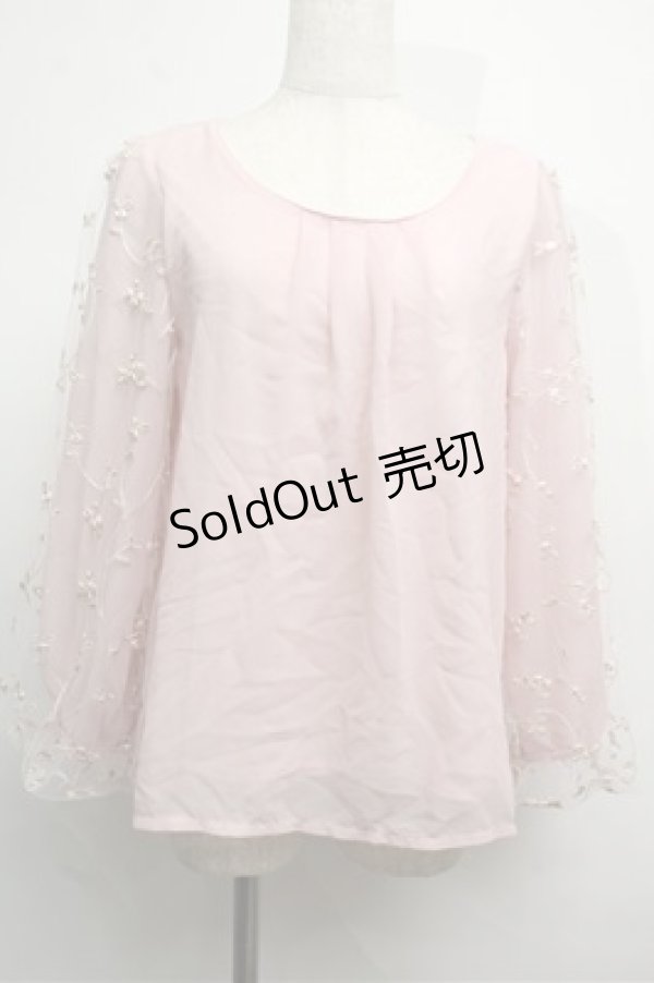 画像1: axes femme / 袖チュール刺繍シフォントップス  ピンク S-25-07-26-013-AX-TO-HR-ZI (1)