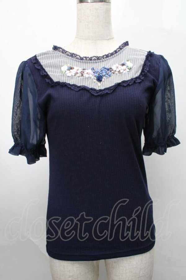 画像1: axes femme POETIQUE / ブーケリボン刺繍リブプルオーバー  紺 S-25-07-31-022-AX-TO-AS-ZS (1)