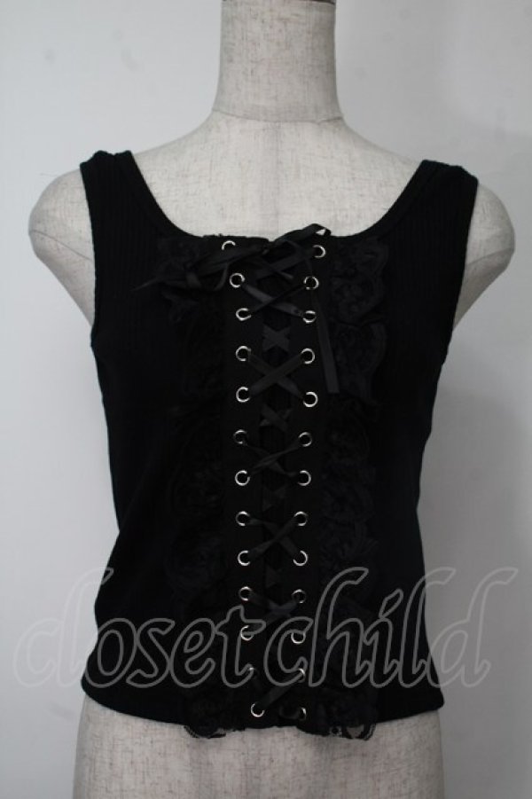 画像1: NieR Clothing / 編み上げリブタンクトップ  黒 S-25-08-02-010-PU-TO-HR-ZS (1)