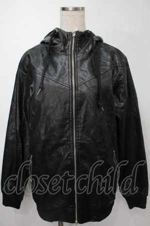 画像: NieR Clothing / フェイクレザー刺 パーカー  黒 S-25-08-02-037-PU-TO-HR-ZS